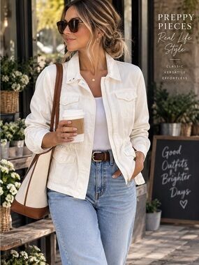 Talbots Petites Utility Jacket Cream Cotton Linen Blend Size L